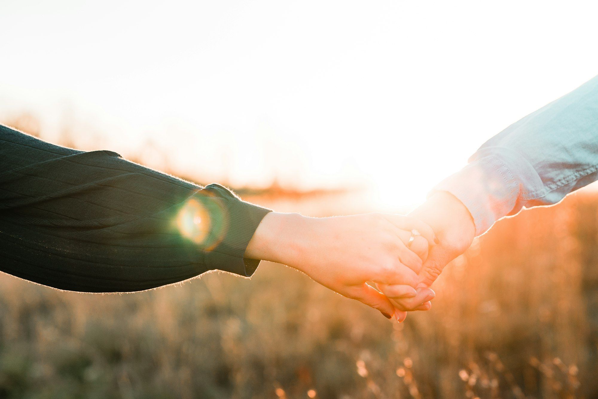 Couple holding hands in a field at sunset