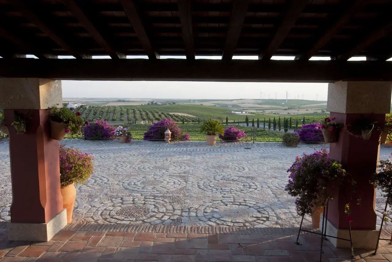 View over the vineyards from the cobbled, mosaic-floored terrace